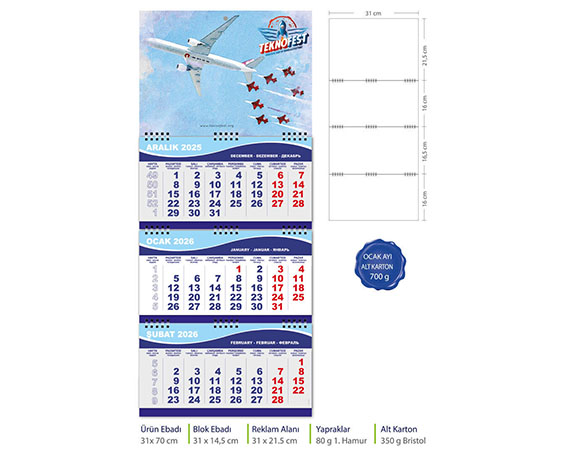 Kod 05 Orta Gemici Takvim (Üç Parça Spiralli)